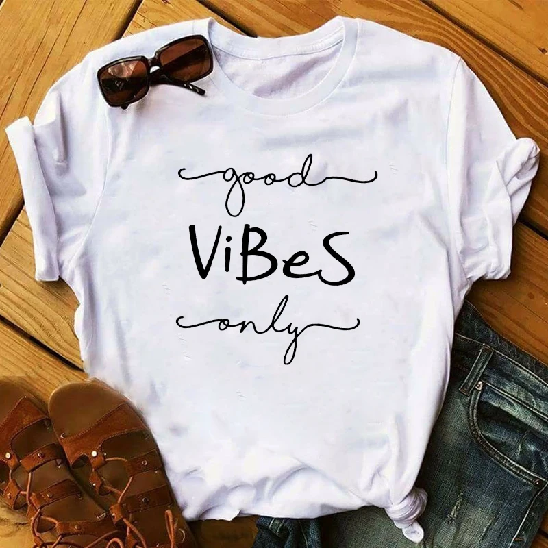 Женская модная одежда с надписью Good Vibes 2020, Женская Эстетическая футболка, Женская графическая футболка Женская модная одежда с надписью Good Vibes 2020, Женская Эстетическая футболка, Женская графическая футболка