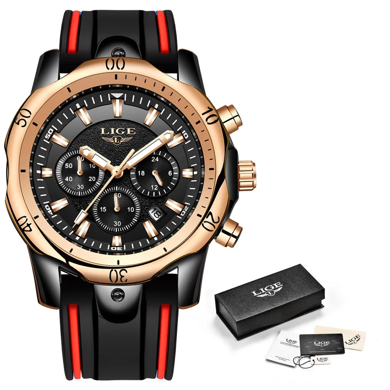 Бренд lige часы мужские хронографы аналоговые кварцевые часы спортивные водонепроницаемые силиконовый ремешок наручные часы для мужчин часы+ коробка - Цвет: Black Rose