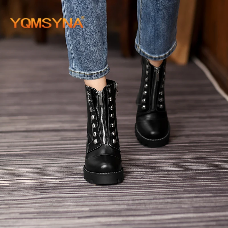 

YQMSYNA Casual Modern Boots Genuine Leather Round Toe Metal Decoration High Heel Boots Convenient Zipper Office Lady Shoes AS318