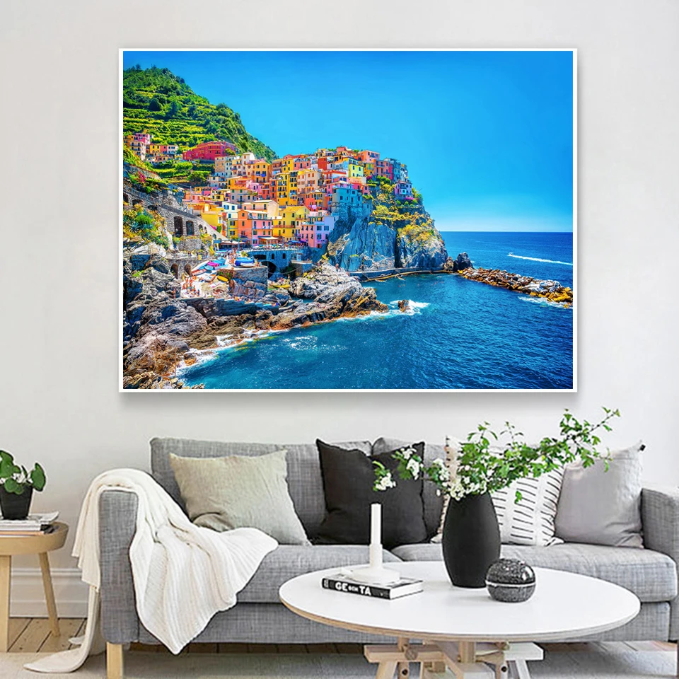 DIY Oil Painting Paint By Numbers Seaside Scenery Acrylic Paint 