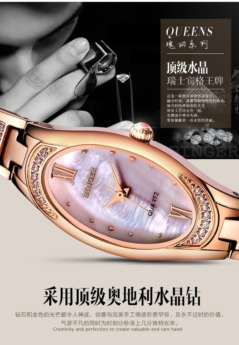 Швейцарские Binger женские часы модные роскошные часы кварцевые часы женские сапфировые полностью из нержавеющей стали наручные часы B-3022L-4