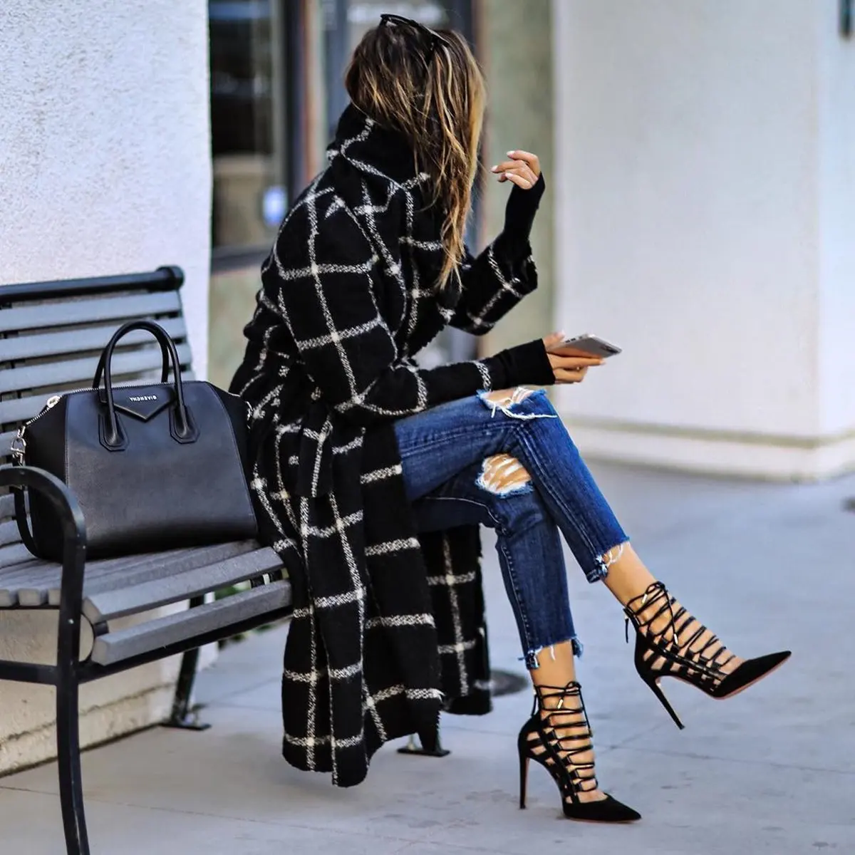 

Autumn Winter Plaid Coat Woolen Women Wool & Blends Long Jacket Coats Mid-Length Simple Office Overcoat Ropa