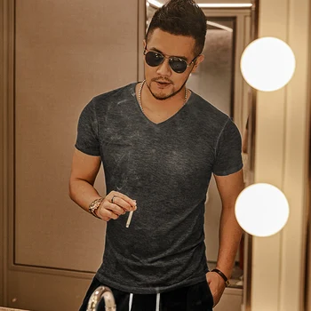 

Men Basic T-Shirt Solid Cotton V Neck Slim Fit Male Fashion T Shirts Short Sleeve Top Tees 2020 Brand T018