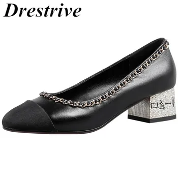 

Drestrive Genuine Leather Women Pumps 2020 Spring Chain Low Heels 4 cm Cow Leather Round Toe Female Casual Shoes Dress Black