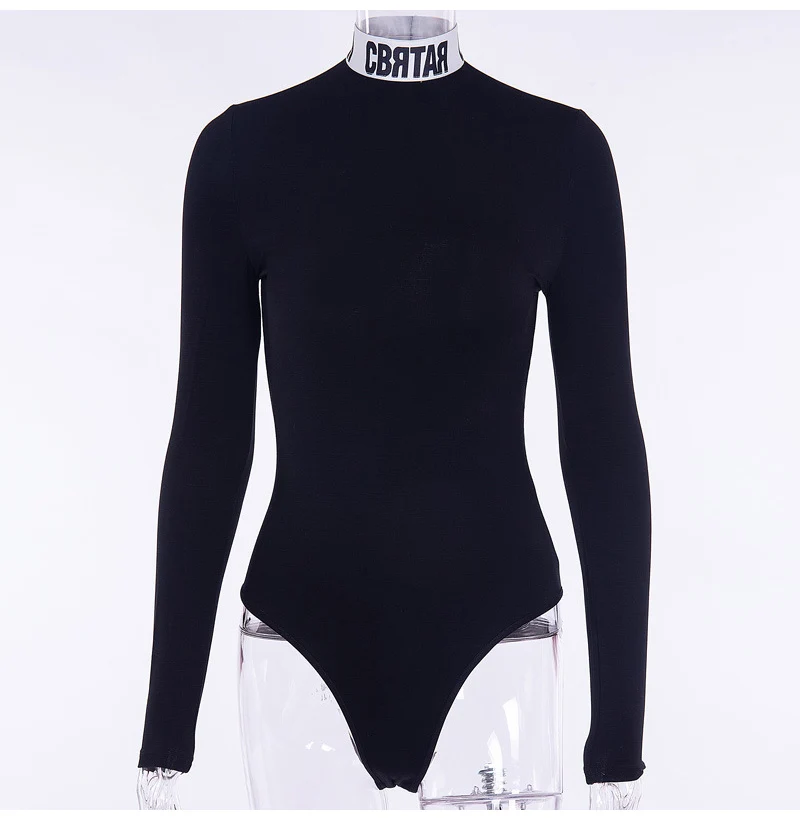 2020 Turtleneck Long Sleeve Bodysuits Women Casual Letter Printed Mock Neck Spring Autumn Skinny Tops Playsuits Moda Feminina