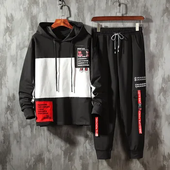 

Men's Two Pieces Streetwear Sets Men Patchwork Sportswear Tracksuit Hip Hop Sweatshirts Sweatpants Black Hoodie Men