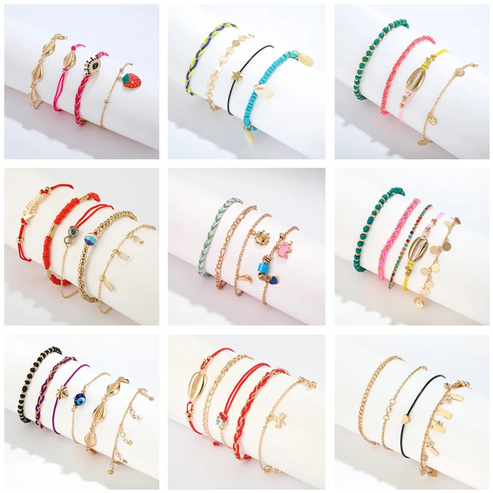 Trendy Gold Color Heart Star Rhinestone Shell Beads Charm Bracelets Bohemian Multilayer Anklets Set Wrist Foot Jewelry Gift | Украшения и