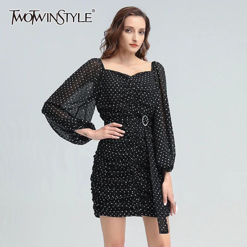 

TWOTWINSTYLE Chiffon Ruched Dot Dress For Women Square Collar Lantern Sleeve High Waist Slim Bodycon Dresses Female 2020 Autumn