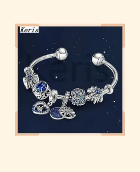 

2019 Winter 100% S925 11 New Christmas Blue Dream Star Bright Moon Night Bright Open Sky Bracelet Girl Gift