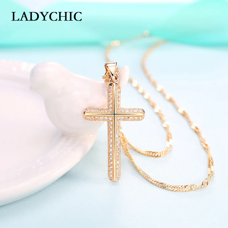 Модное ожерелье LADYCHIC золотого цвета с подвеской в виде креста кристаллами