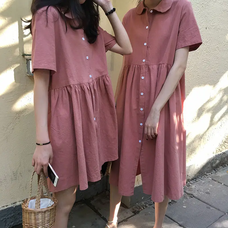 Short Sleeve Dress Women Friends Solid A-Line All-match Vintage Stylish Kawaii Simple Vestidos Daily Summer Single Breasted 2021 a line dress