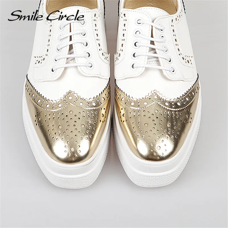 

Smile Circle Bullock Sneakers Women Flat Platform shoes advanced PU Leather Fashion Lace-up Thick bottom Casual Ladies shoes