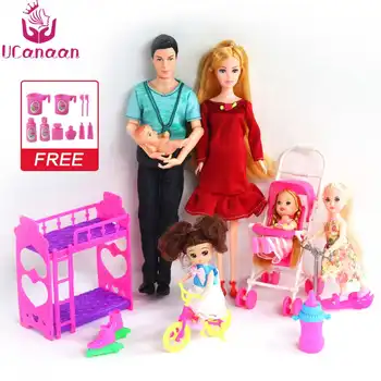 

UCanaan 6 People Family Doll Suits Mom/ Dad/ Son Baby/ Kelly/Carriage Girls Toys Fashion Pregnant Doll Kid Toys