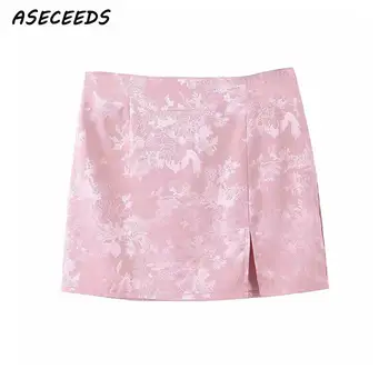 

2020 Vintage floral embroidered satin skirt women sexy split mini skirt kawaii pink high waist skirts womens pencil skirt korean