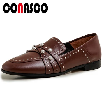 

CONASCO Women Cow Leather Casual Shoes Loafers Pearl Rivets Decoration Low Heel Spring Summer New Arrival Fashion Shoes Woman