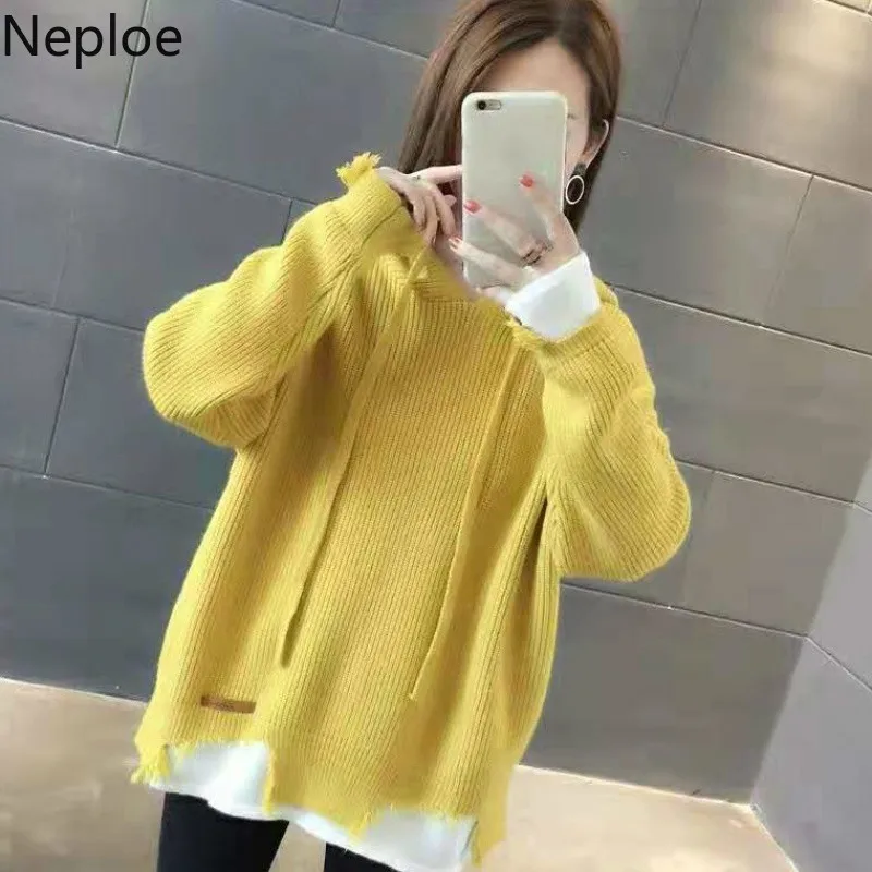Neploe корейский Crazy style Свободный Плюс Размер вязаный нижний свитер женский патч с капюшоном пуловеры Femme Hiver Студенческая осень 46251