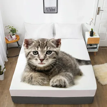 

3D Fitted Sheet Bed Mattress Fitted Cover Custom Design Bed Linens Sheets Bedsheet White 90x200 Animal Cat Dog Pet Bedding