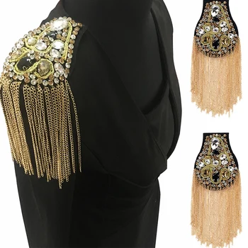 

2pieces Tassel Chain Shoulder Board Badges Beads Rhinestones Patch Epaulet Epaulette Applique for Military Suit Sewing