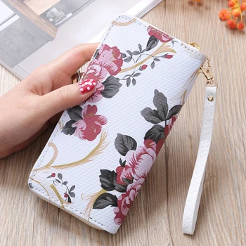 

New Arrival Fashion Women Wallet Pu Leather Femme Ladies Printing Flower Wallet Dual Zipper Clutch With multi-compartment Purse