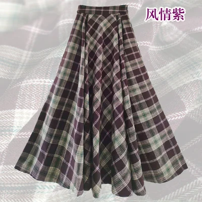 Высокая талия размера плюс 7XL 6XL Ретро винтажная модная повседневная Клетчатая Шерстяная Женская Макси трапециевидная юбка для женщин(шарф - Цвет: purple
