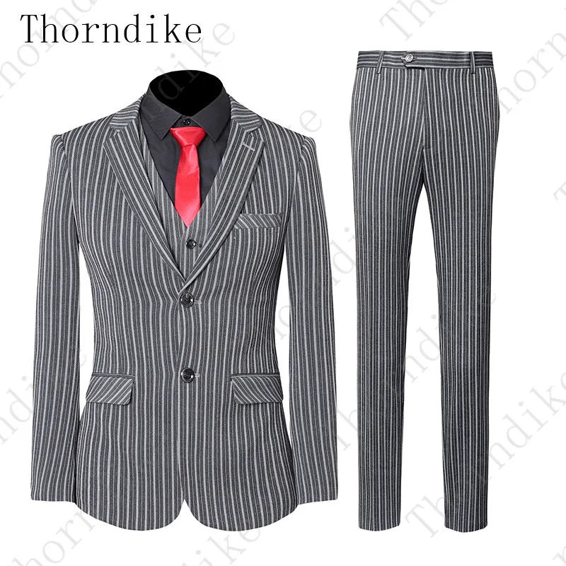 dark gray Костюмы из 3 предметов, пиджак+ брюки+ жилет, свадебные костюмы для мужчин, темно-серая полоса, официальная одежда, костюмы, новые мужские тонкие костюмы жениха, S-5XL - Цвет: dark gray