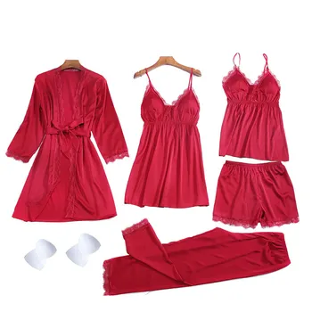 

Women's Pajamas Set Silk Sexy Lace Pierced Satin Pajamas Three Quarter Robe Wearable In All Seasons Home Clothes Sleepwear