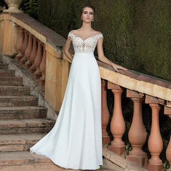 

Chiffon A-line Bridal Gowns 2020 Elegant Scoop Neck Applique Casp Sleeve Sweep Train Plus Size Wedding Dress