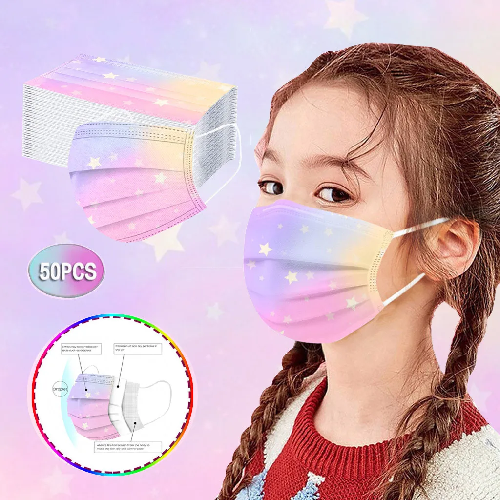 50PC Children Tie-dye Gradient Printed Three-Layer Dust-Proof Disposable Mask New fashion colorful space printing mask Маски |