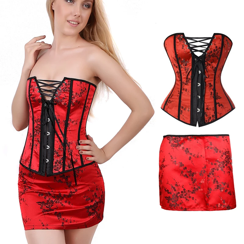 

FLORATA Jacquard Corsets and Bustiers Red Overbust Embroidery Elegant Waist Cincher Sliming Control Body Shaper S-2XL