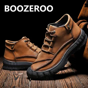 

BOOZEROO Men's Casual High-top Leather Shoes Men's Handmade Leather Shoes Fashion Warm Travel Shoes Non-slip Hiking Shoes