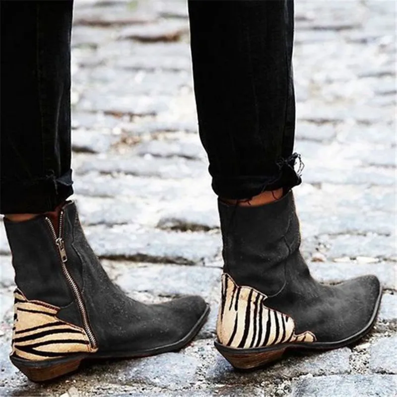 

LOOZYKIT 2019 Women Boots Sexy Leopard Pointed Toe Ankle Boots Women Shoes Zipper Zebra pattern Deep Flat Heel boots Lady Shoes