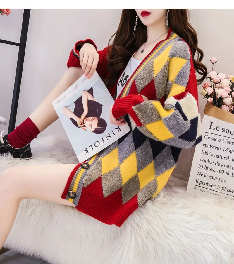 NiceMix Autumn New Single Breasted Patchwork Women Sweater Korean V Neck Geometric Pattern Cardigans Female Knitwear