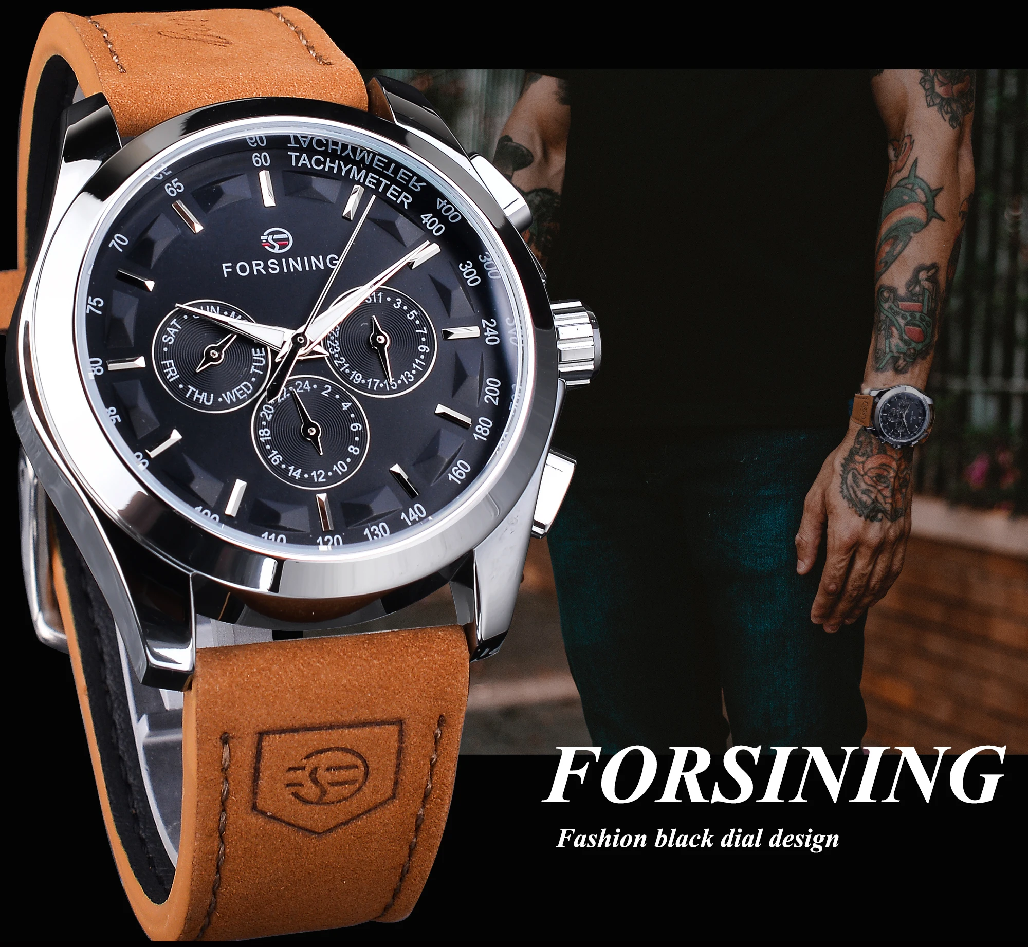 Forsining - Reloj mecánico automático para hombre, esfera negra, calendario de moda, cuero genuino, masculino_voghion.com