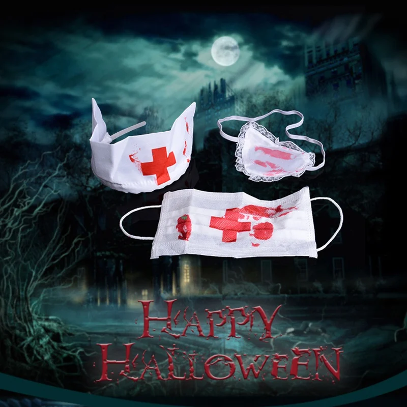 

Happy Halloween Bloody Nurse Kit Dcoration Costume Accessory Cosplay Props Fancy Dress Up Set Mask Headpiece And Eye patch