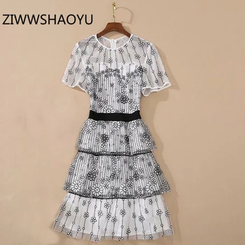 

ZIWWSHAOYU Female Summer Mesh Sequined Mini Short Dress Designer Women Cascading Ruffle Back Zip Elegant Fashion Party Dresses