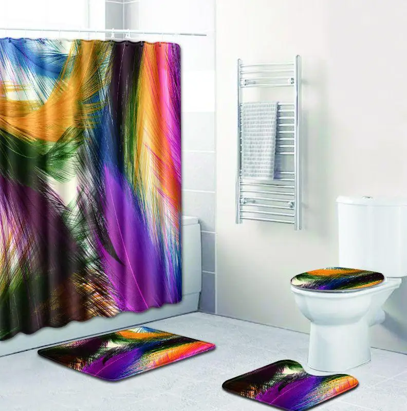 С принтом «перья», Ванная комната комплект Водонепроницаемый душ Шторы коврик для крышки унитаза Нескользящие ковер 4 шт./компл. для Ванная комната - Цвет: D016
