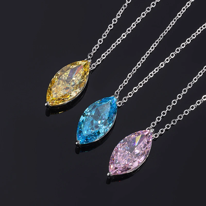 OEVAS 100% 925 Sterling Silver 12 Carat 9*18mm Aquamarine Yellow Pink High Carbon Diamond Pendant Necklace Wedding Fine Jewelry
