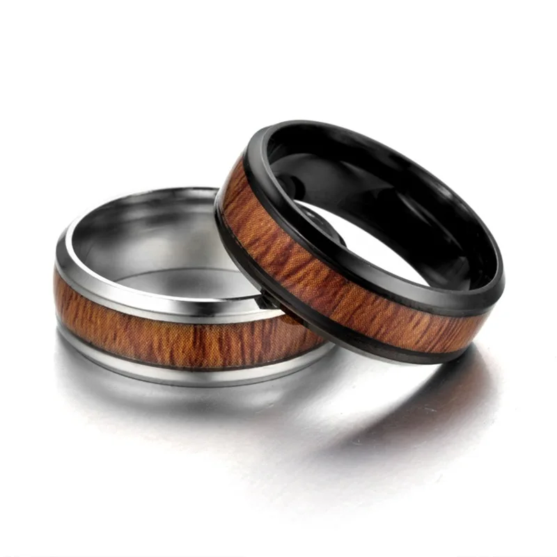 AsJerlya 316L Stainless Steel Finger Rings Durable Vintage Titanium Stainless Steel 8mm Ring Wood Grain Ring Jewelry For Men 4