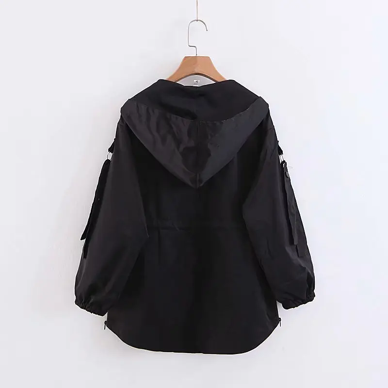 R4651-18008 Large Size Middle Long Coat Hooded Lettered Drawstring Loose-Fit Trench Coat