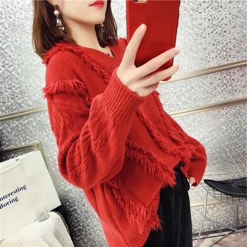 

Women's sweater V-neck Tassel Ol commuter head tassel V-neck loose top coat 2020 Autumn / Winter new sweater bottoming shirt