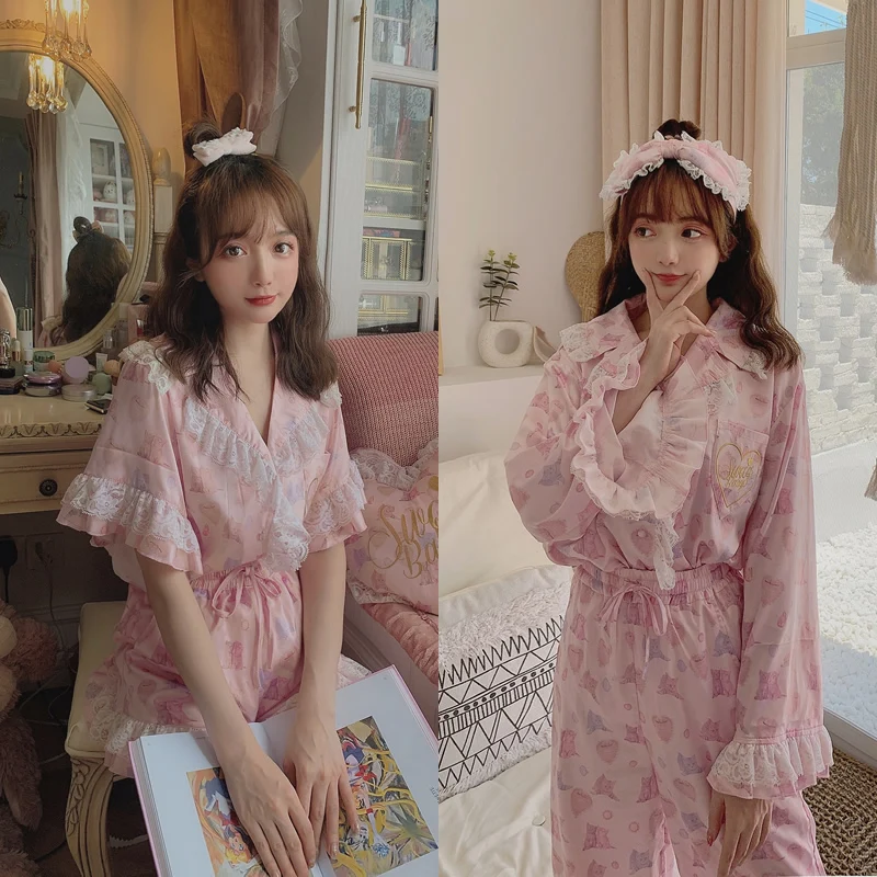 

Princess sweet lolita pajamas Bobon21 sweet soft girl Cat Paradise French printed pajamas with lace fashion women TB1772