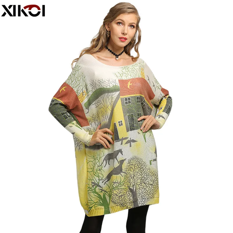 XIKOI Oversize Sweater Women Pullover Dress Pull Femme Relax Countryside Style Print Knitted Winter Warm Clothes Batwing Sleeve | Женская