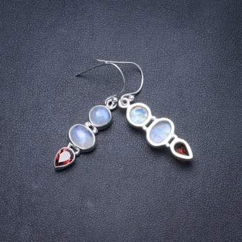 

Natural Rainbow Moonstone and Garnet Handmade Unique 925 Sterling Silver Earrings 1.5" Y3330