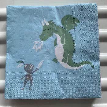 

Decoupage vintage napkin paper cute tissue green cartoon Knight dragon handkerchief kids birthday party towel serviettes decor