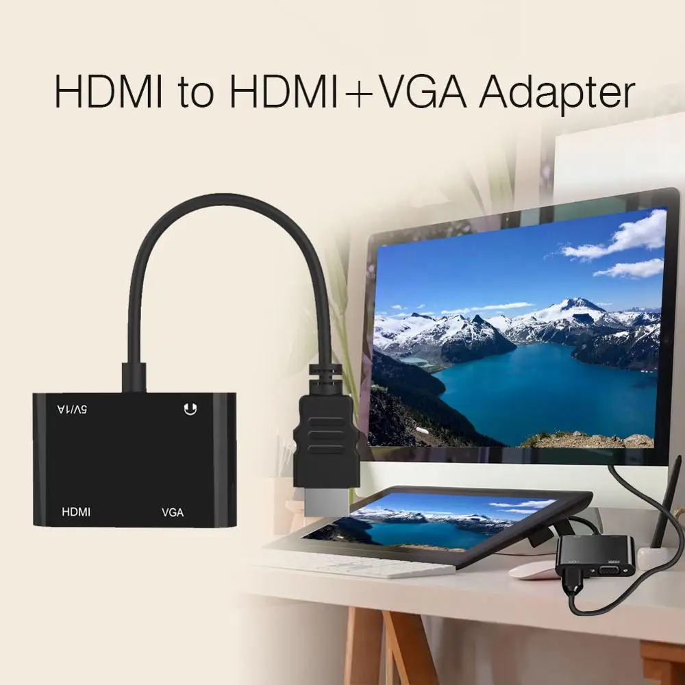 

2020 New Product Hdmi to Hdmi+VGA+power Supply+3.5 Audio HD Video Converter Supports The Same Display No delay