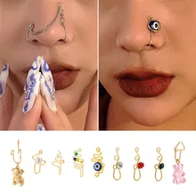 

1Pc Copper Fake Piercing Nose Ring Bear Evil Eye Pendant On Nose Ear Clip Cuff Earring for Women Party Nose Piercing Jewelry