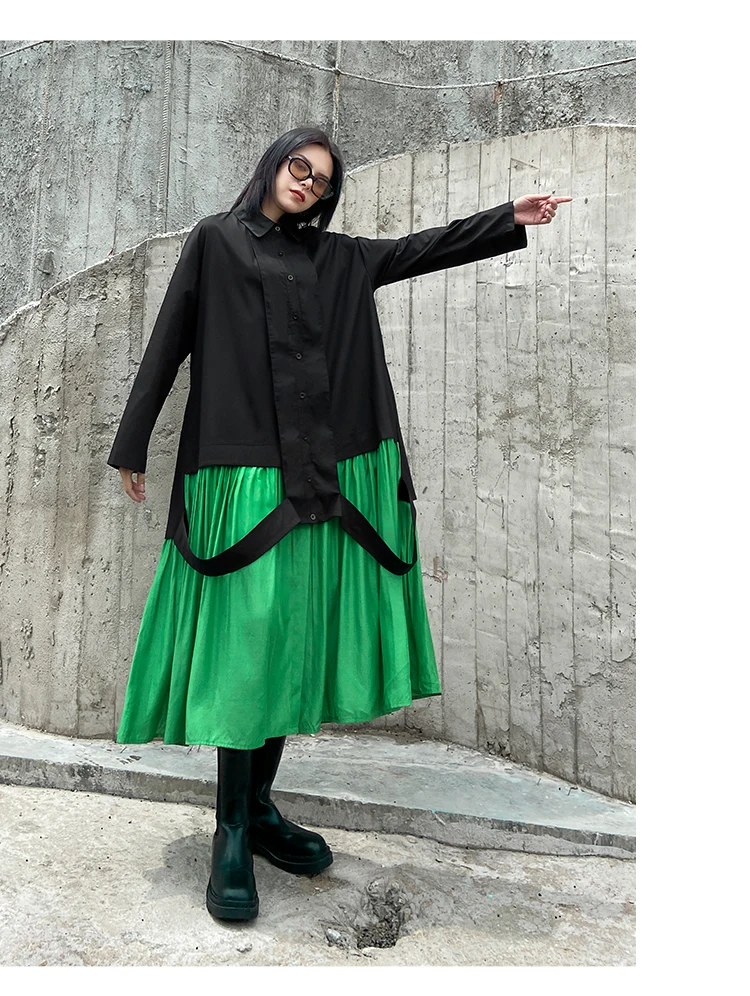 XITAO Patchwork Dress Fashion New Women Single Breast Patchwork Plated Hem 2020 Autumn Minority Casual Style Loose Dress ZP3457