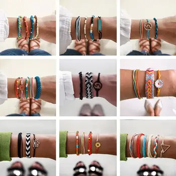 

Ethnic colorful braided flower wave leaf bracelet set women rainbow rope multi-layer friendship bracelet set jewelry