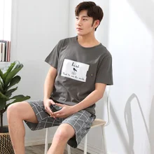2019 Summer Short Sleeve Cotton Pajamas Sets for Men Plaid Pants Sleepwear Male Cute Cartoon Homewear Pijama Lounge Home Clothes