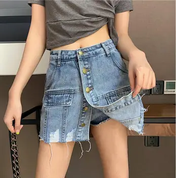 

Street personality high waist irregular single-breasted denim skirt